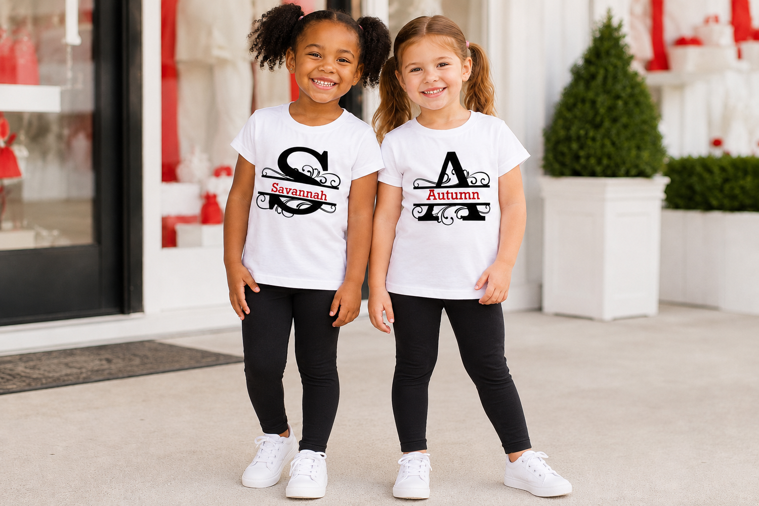 African-American girl and Caucasian girl, both about five years old with pigtails, naturally modeling personalized Savannah and Autumn monogram shirts