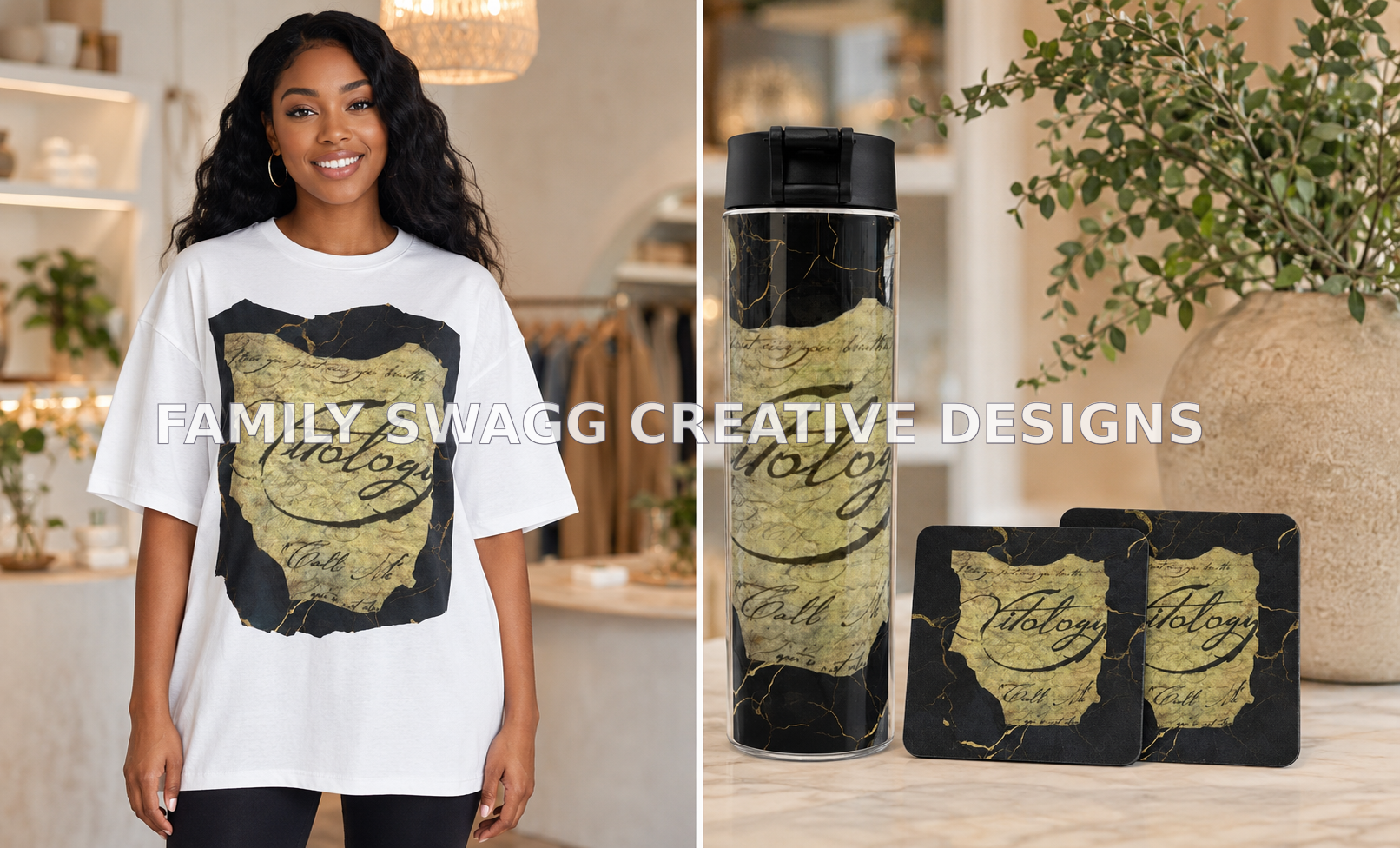 Matching black and antique-gold sublimation shirt, travel tumbler and two coasters