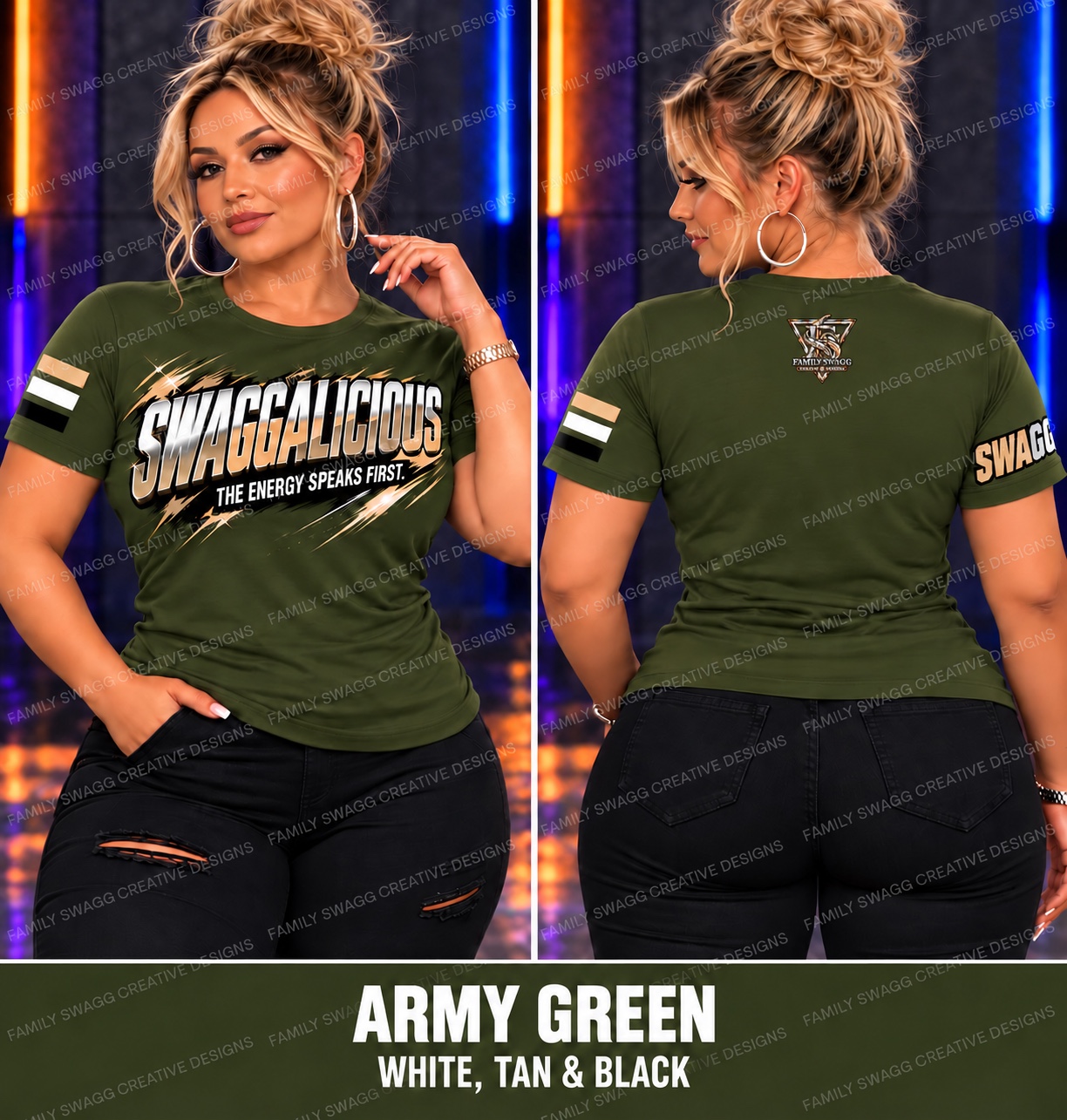Army green SWAGGALICIOUS shirt with white tan and black artwork, front and back