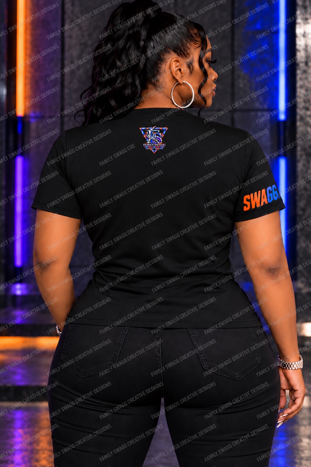 Black SWAGGALICIOUS shirt with orange purple and blue graphics, front and back — back view