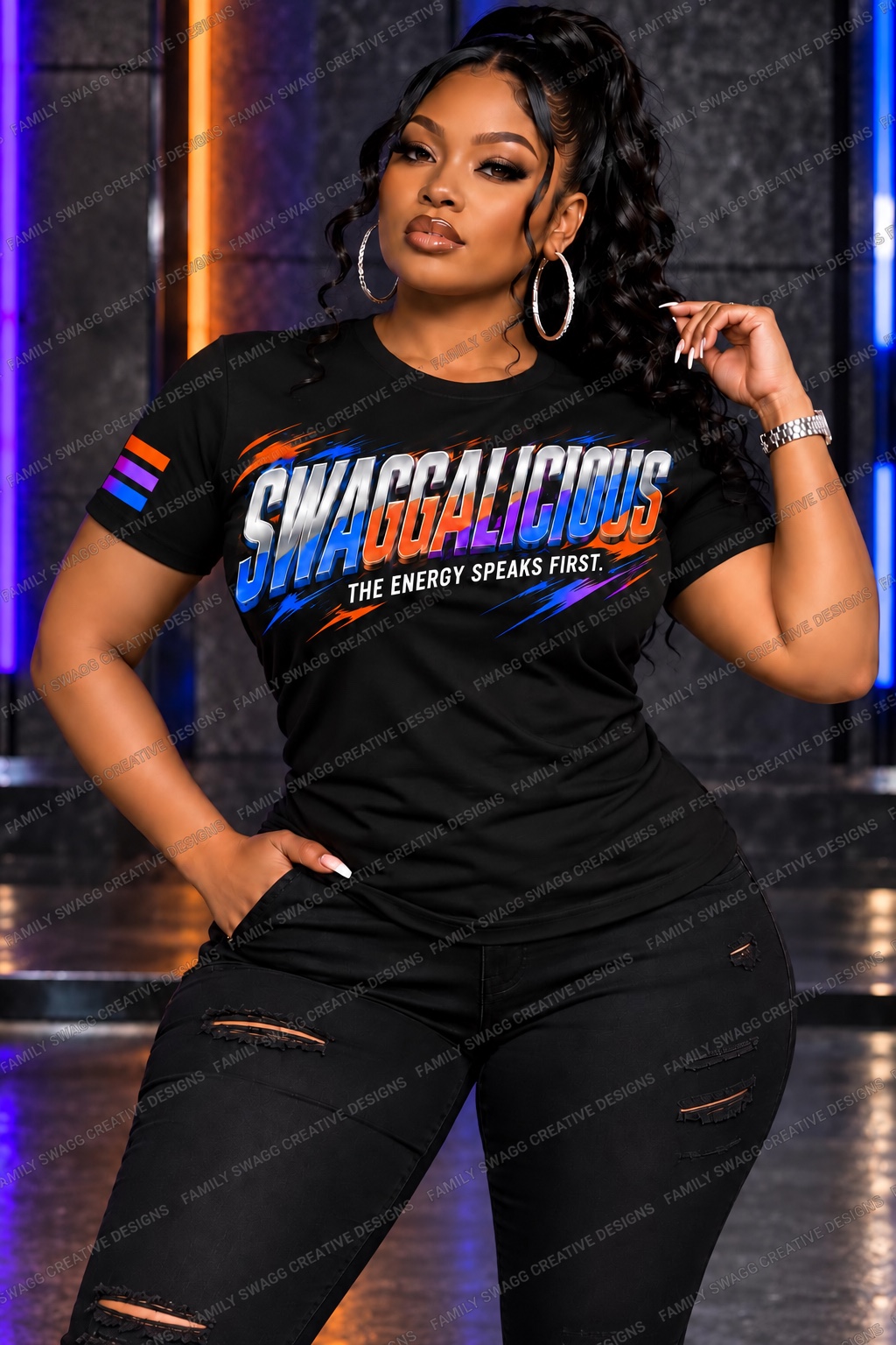 Black SWAGGALICIOUS shirt with orange purple and blue graphics, front and back — front view