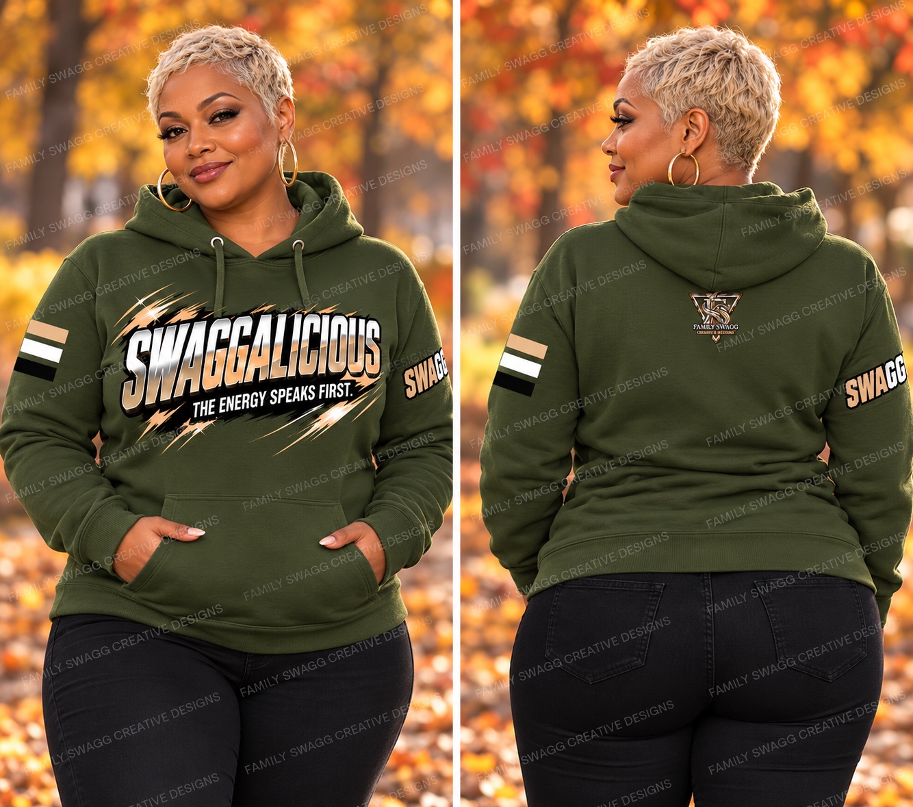 Army green SWAGGALICIOUS hoodie, front and back, with tan white and black details