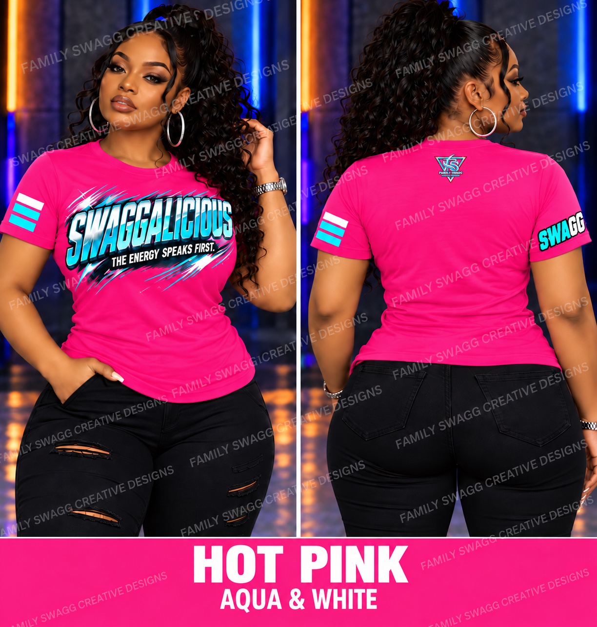 Hot pink SWAGGALICIOUS shirt with aqua and white artwork, front and back