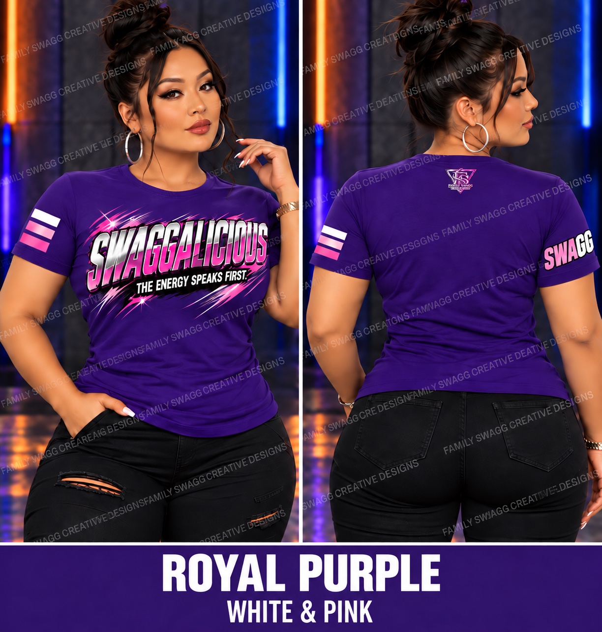 Royal purple SWAGGALICIOUS shirt with white and pink artwork, front and back