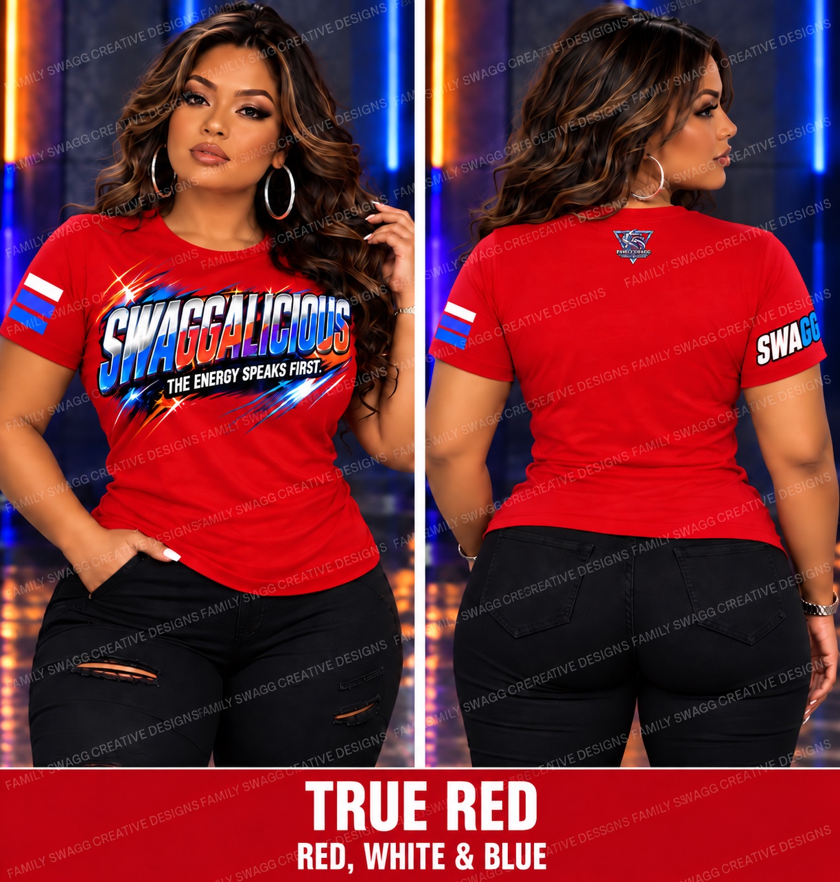 True red SWAGGALICIOUS shirt with red white and blue artwork, front and back