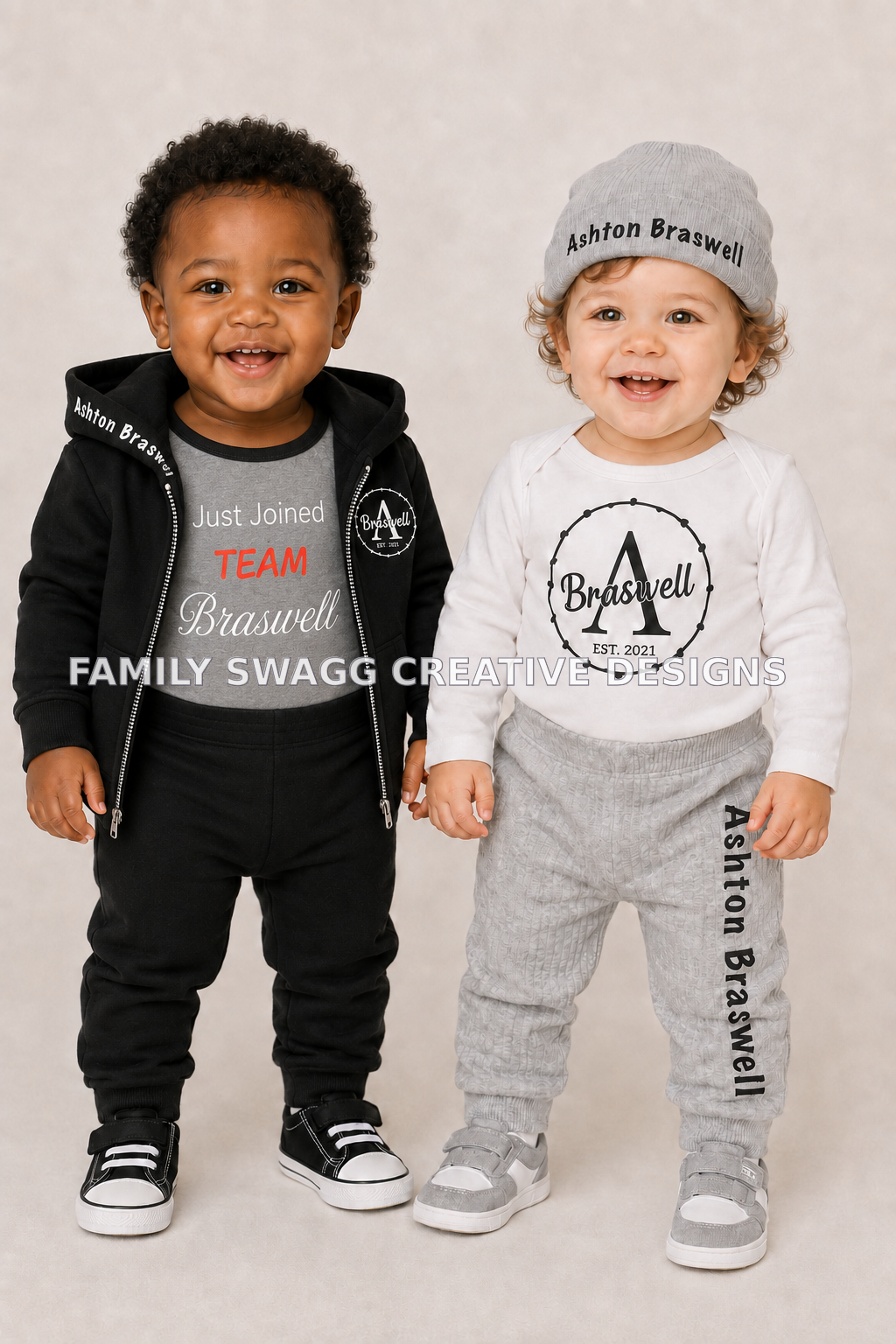 Two toddler models wearing personalized Ashton Braswell outfits