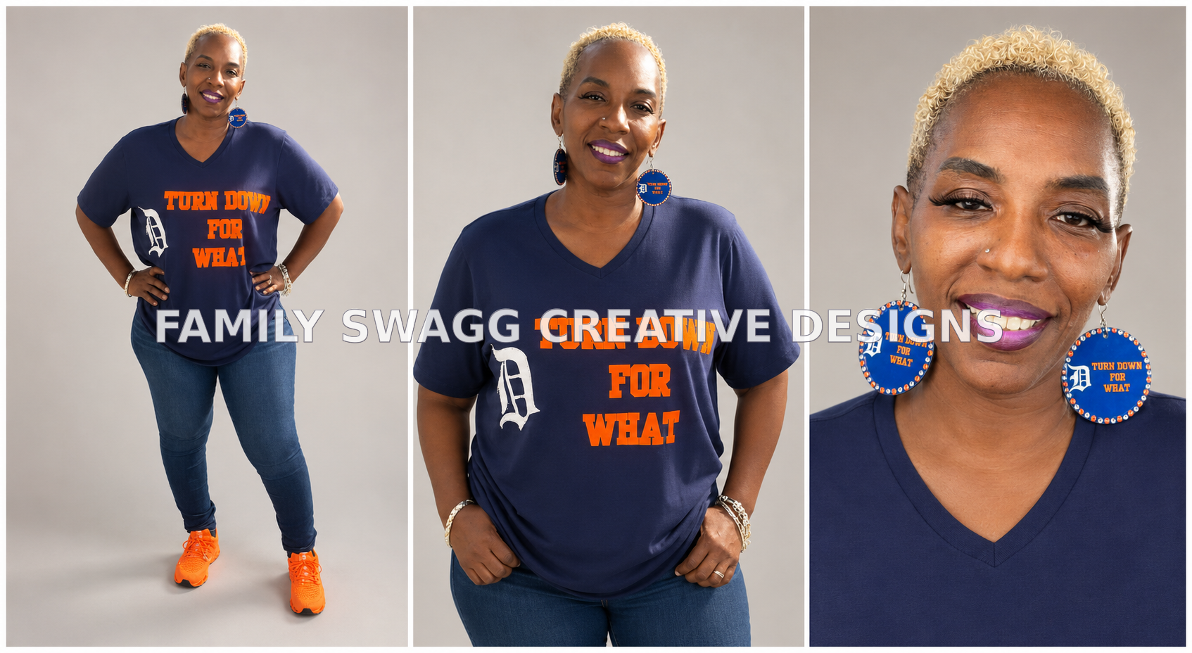 Three coordinated views of a navy and orange Detroit shirt with matching earrings