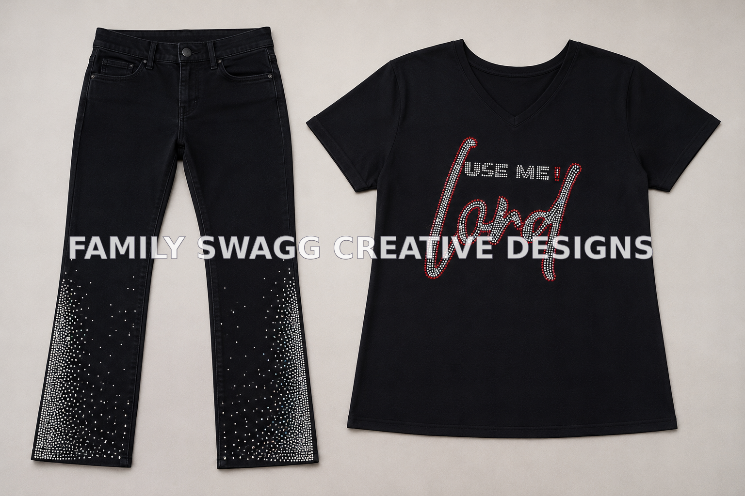 Black Use Me Lord rhinestone shirt and matching rhinestone pants displayed side-by-side