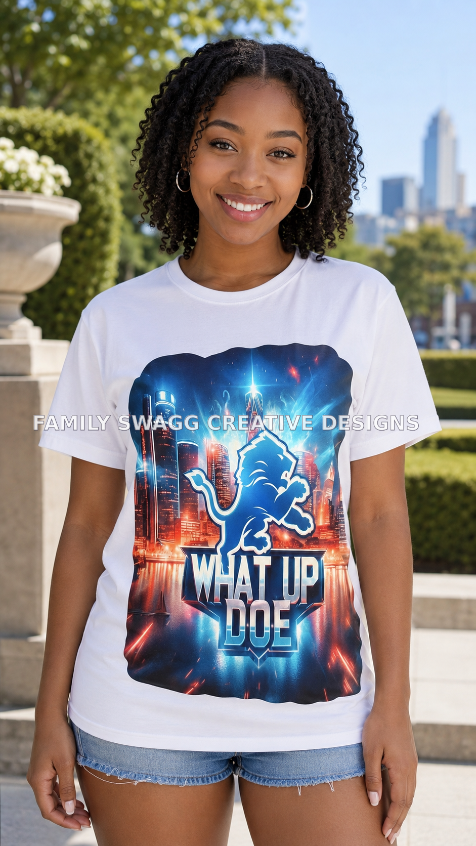 Young African-American woman modeling a vibrant What Up Doe Detroit statement shirt outdoors