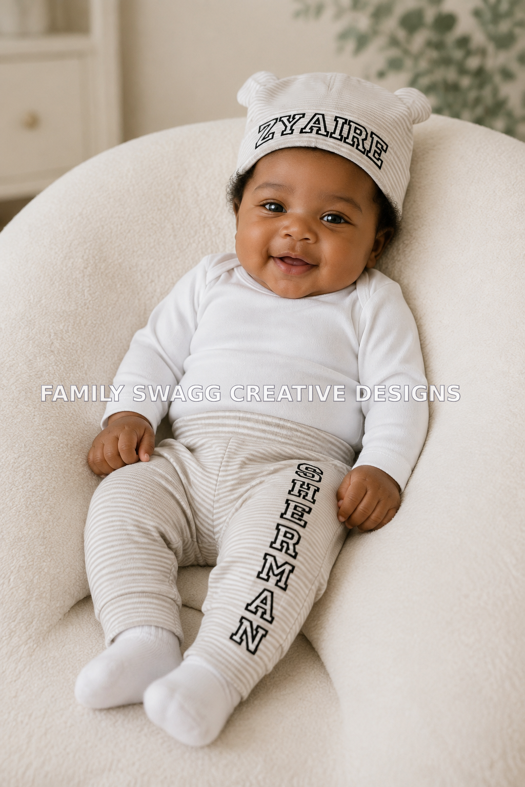 Infant wearing a personalized Zyaire Sherman hat and pants